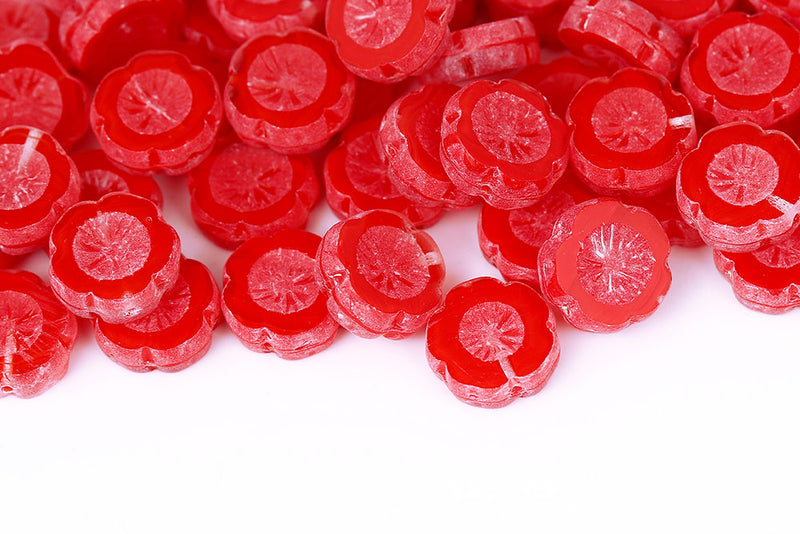 Hawaiian Flowers 14mm Crystal Red Mixed 1-Hole Czech Beads