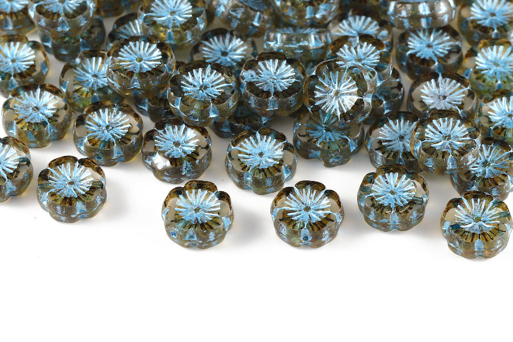 Hawaiian Flowers 14mm Crystal Travertin With Aqua 1-Hole Czech Beads