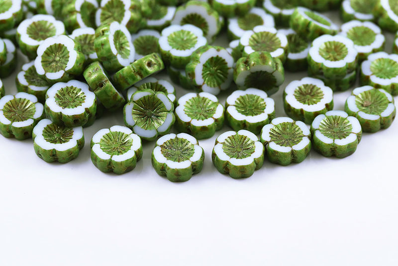 Hawaiian Flowers 14mm Chalk Green Marble Finish 1-Hole Czech Beads