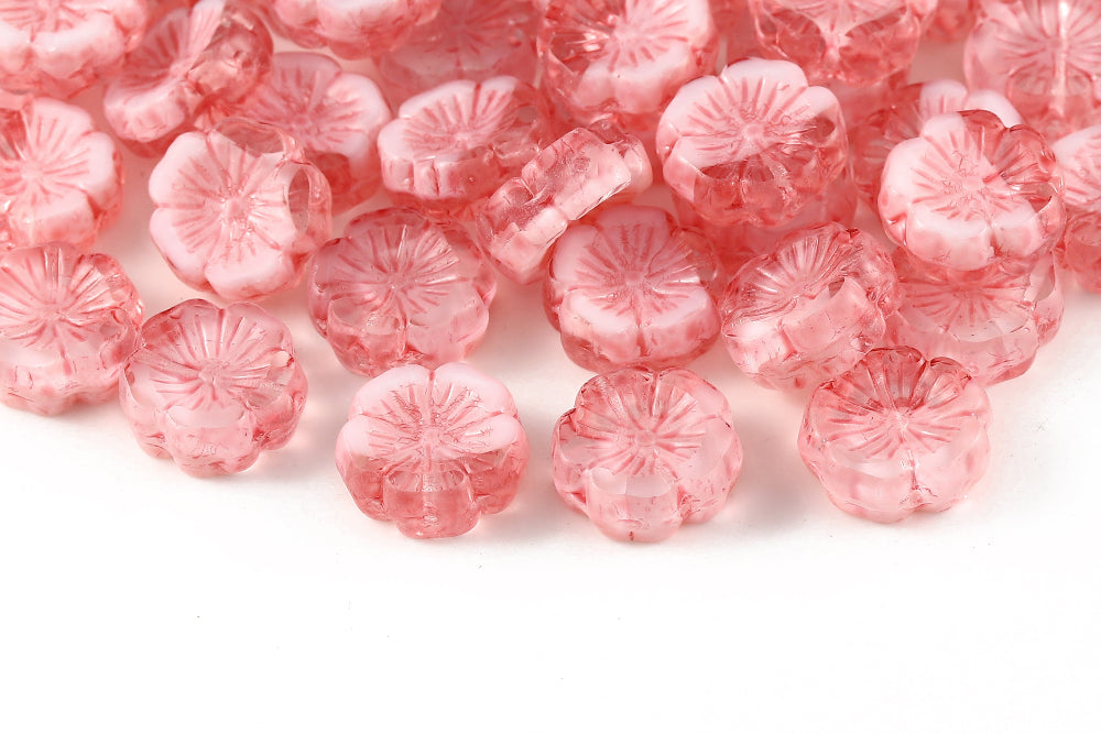 Hawaiian Flowers 14mm Crystal Chalk Mixed Pink Finish 1-Hole Czech Beads