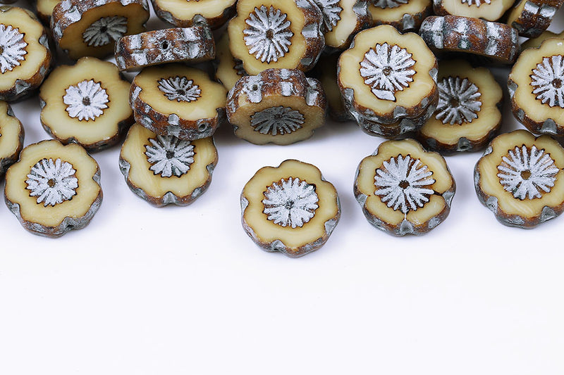 Hawaiian Flowers 14mm Ivory Travertin With Silver 1-Hole Czech Beads