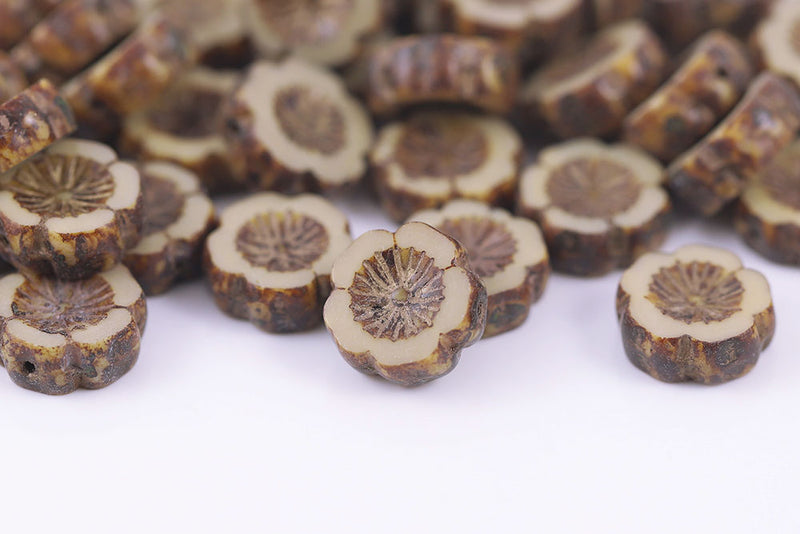 Hawaiian Flowers 14mm Ivory Travertin With Gold 1-Hole Czech Beads