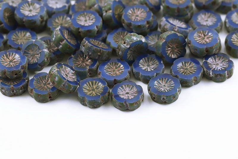 Hawaiian Flowers 14mm Lt.Sapphire Travertin With Gold 1-Hole Czech Beads