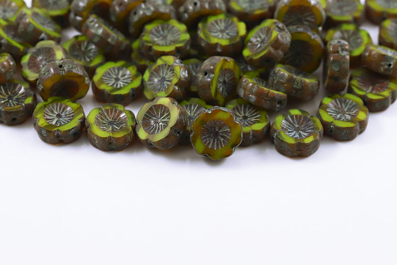 Hawaiian Flowers 14mm Opal Lemon Travertin 1-Hole Czech Beads