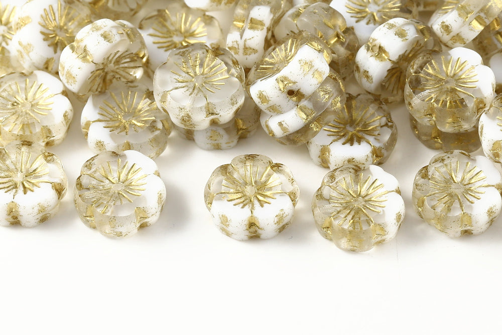 Hawaiian Flowers 14mm Crystal White Mixed With Gold 1-Hole Czech Beads