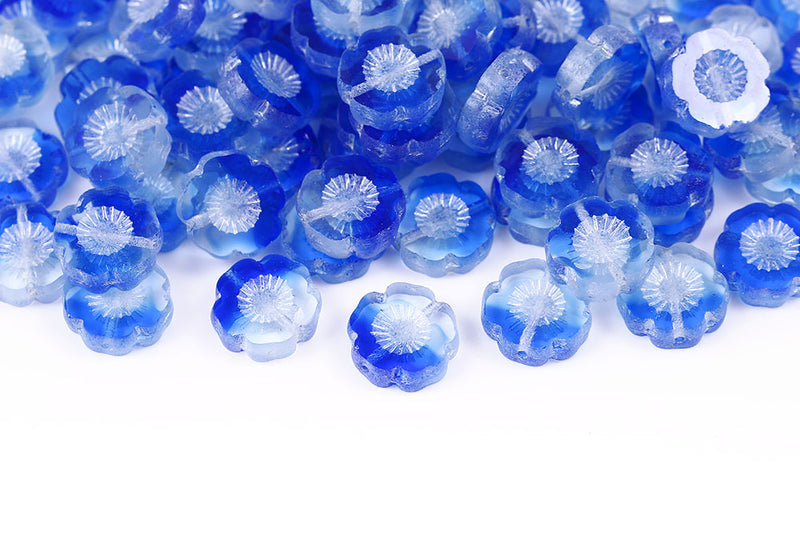 Hawaiian Flowers 14mm Crystal Sapphire Mixed Luster 1-Hole Czech Beads