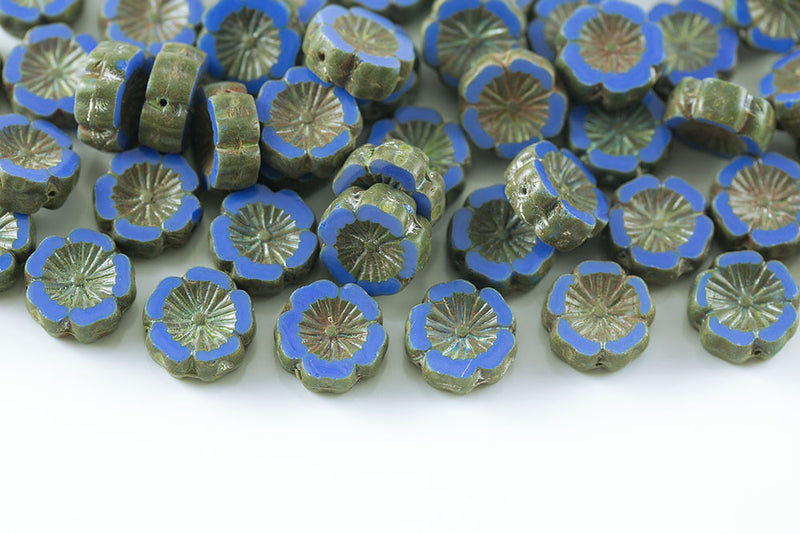 Hawaiian Flowers 14mm Opaque Blue Travertin 1-Hole Czech Beads