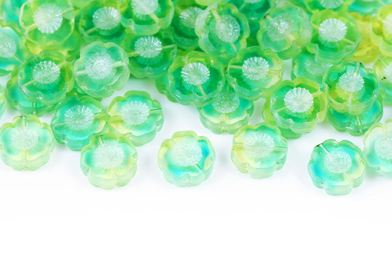 Hawaiian Flowers 14mm Green Yellow Mixed Luster 1-Hole Czech Beads