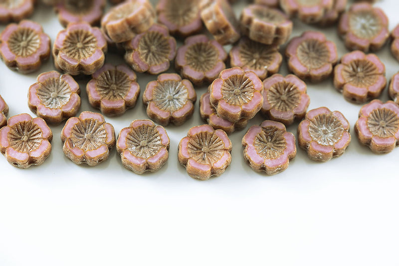 Hawaiian Flowers 14mm Silk Pink Travertin 1-Hole Czech Beads