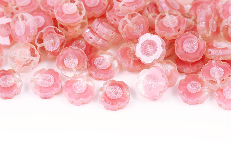 Hawaiian Flowers 14mm Crystal Pink Mixed Luster 1-Hole Czech Beads
