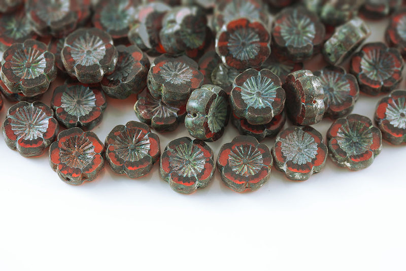 Hawaiian Flowers 14mm Lt.Siam Travertin 1-Hole Czech Beads