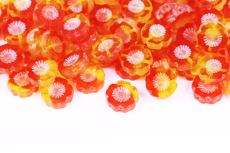 Hawaiian Flowers 14mm Lt.Siam Yellow Mixed Luster 1-Hole Czech Beads