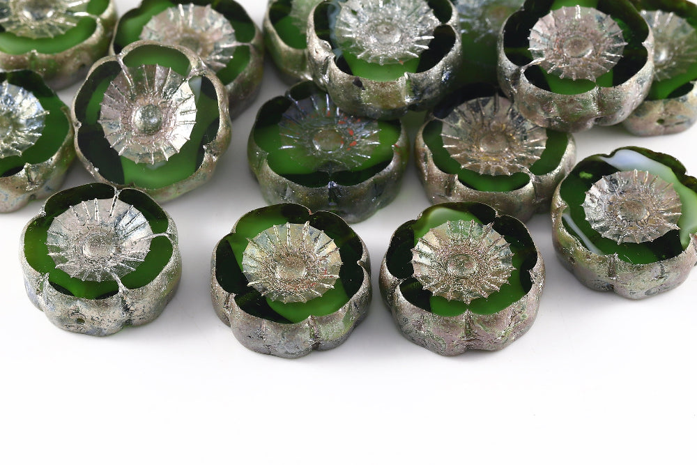 Hawaiian Flowers 22mm Chalk&Olivine Picasso 1-Hole Czech Beads