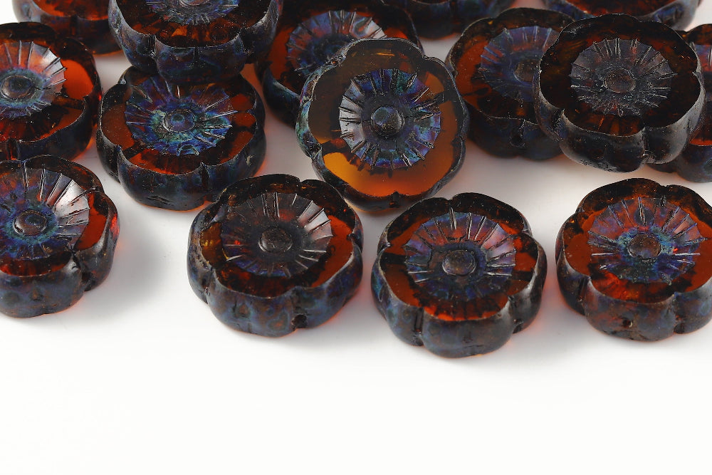 Hawaiian Flowers 22mm Topaz Travertin 1-Hole Czech Beads