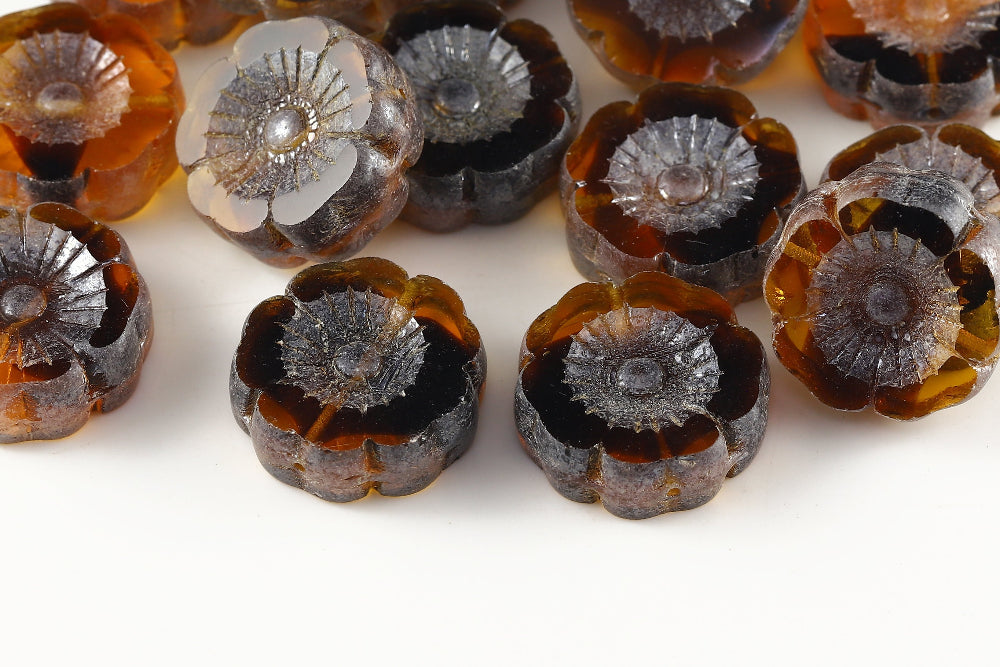 Hawaiian Flowers 22mm Smoked Topaz&Topaz Luster 1-Hole Czech Beads