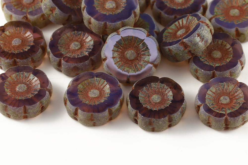 Hawaiian Flowers 22mm Opal Amethyst Travertin 1-Hole Czech Beads
