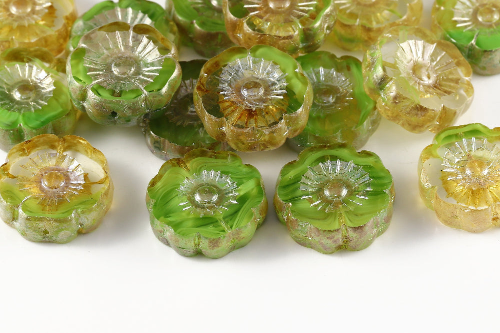 Hawaiian Flowers 22mm Crystal&Ripple Peridot Picasso 1-Hole Czech Beads