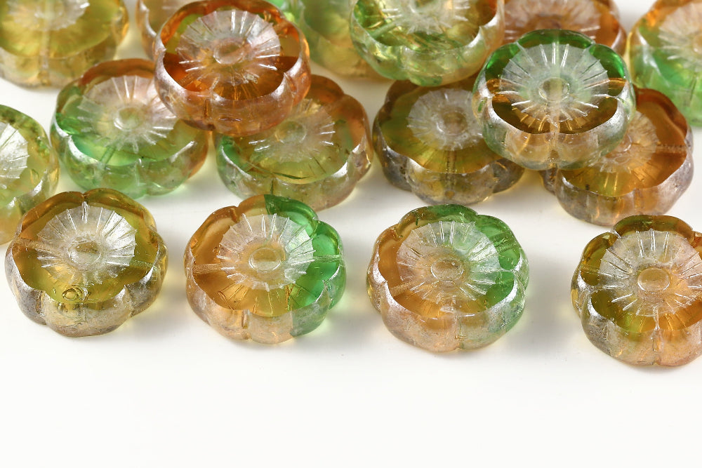 Hawaiian Flowers 22mm Peridot Rose Peach Mixed Luster 1-Hole Czech Beads
