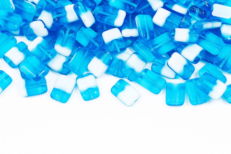 Rectangle 12×8mm Opal White Aqua Mixed 1-Hole Czech Beads