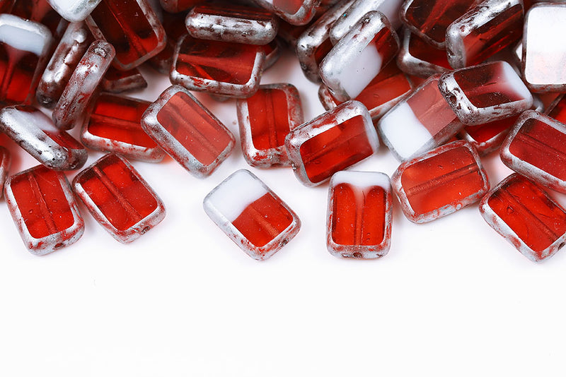 Rectangle 12×8mm Opal White Ruby Mixed Silver Finish 1-Hole Czech Beads