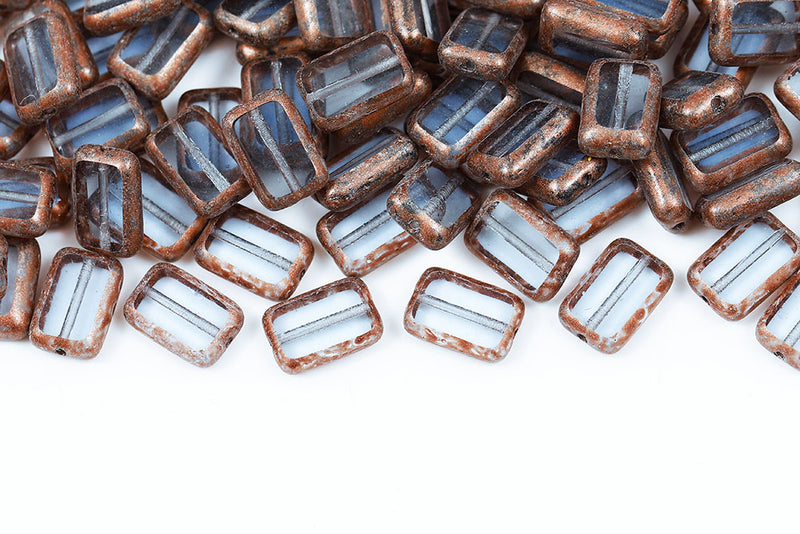 Rectangle 12×8mm Lt.Sapphire Copper Finish 1-Hole Czech Beads