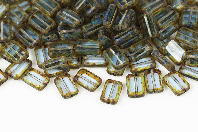 Rectangle 12×8mm Lt.Sapphire Travertin 1-Hole Czech Glass Beads