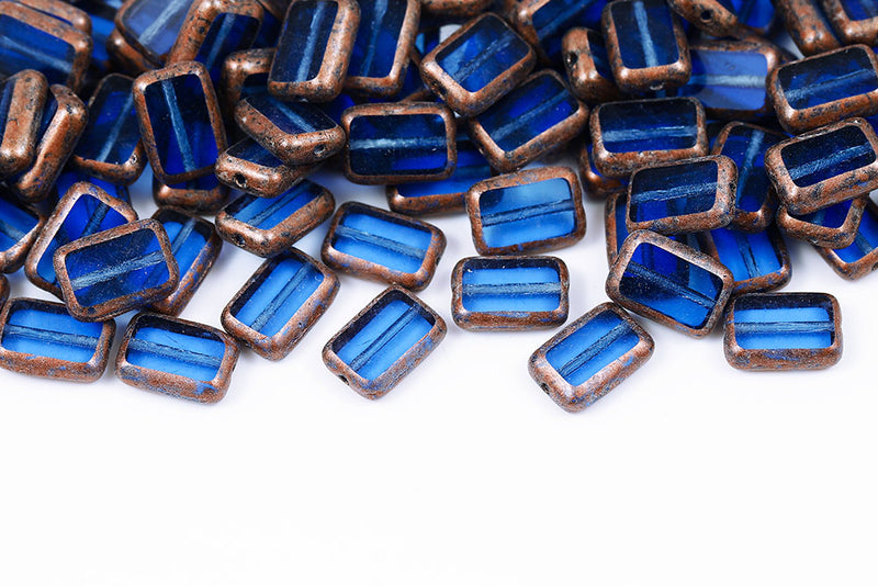 Rectangle 12×8mm Sapphire Copper Finish 1-Hole Czech Beads