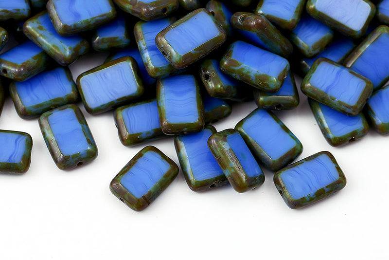 Rectangle 12×8mm Opaque Sapphire Travertin 1-Hole Czech Beads