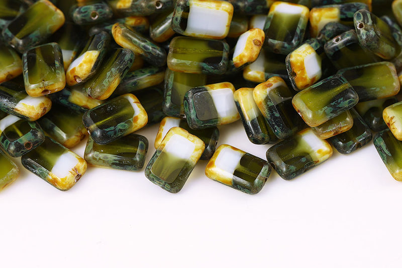 Rectangle 12×8mm White Oilve Mixed Travertin 1-Hole Czech Beads