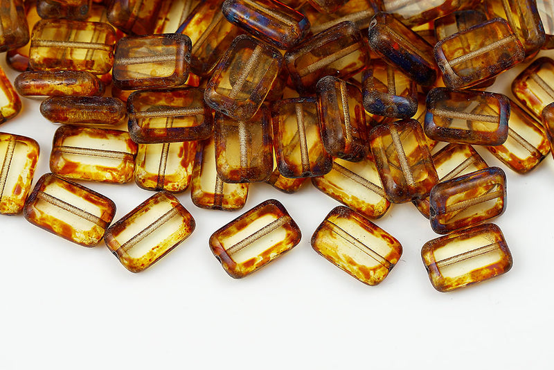 Rectangle 12×8mm Lt.Amber Travertin 1-Hole Czech Beads