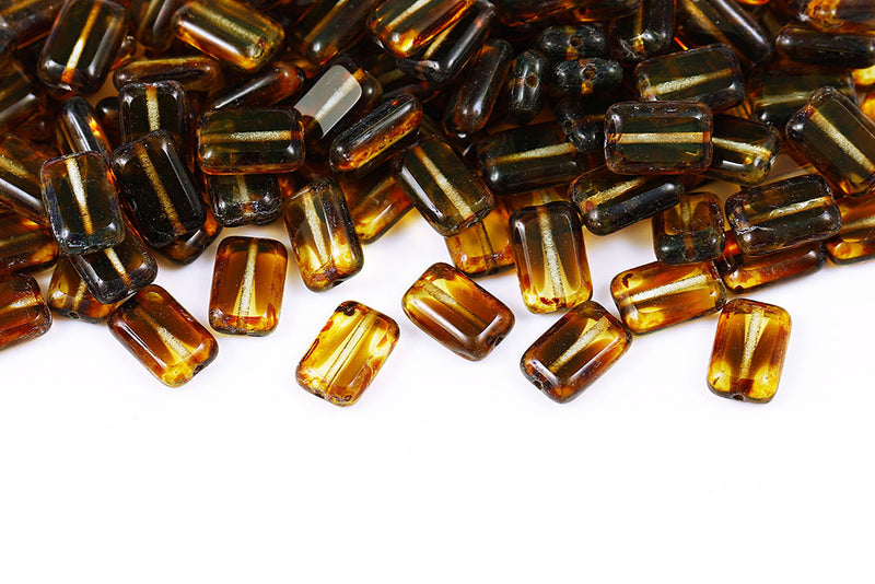 Rectangle 12×8mm Amber Topaz Mixed Travertin 1-Hole Czech Beads