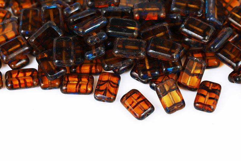Rectangle 12×8mm Black Stripes On Topaz Dark Travertin 1-Hole Czech Beads