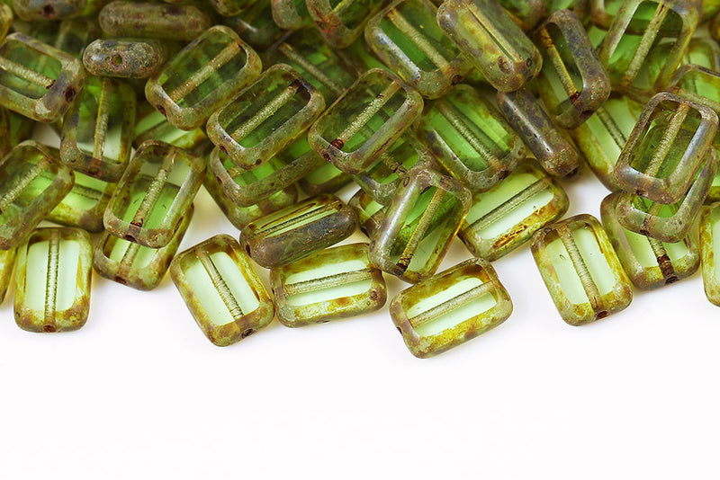 Rectangle 12×8mm Grass Green Travertin 1-Hole Czech Beads