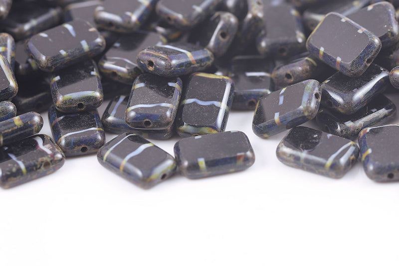 Rectangle 12×8mm Aqua Stripes On Black Travertin 1-Hole Czech Beads