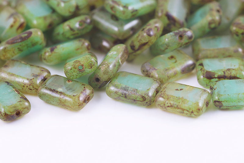 Rectangle 12×8mm Silk White Green Mixed Travertin 1-Hole Czech Beads