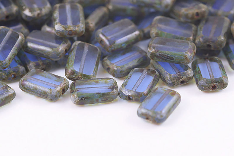Rectangle 12×8mm Sapphire Travertin 1-Hole Czech Beads