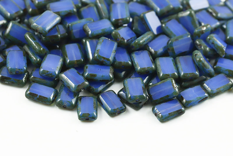 Rectangle 12×8mm Opal Blue Travertin 1-Hole Czech Glass Beads