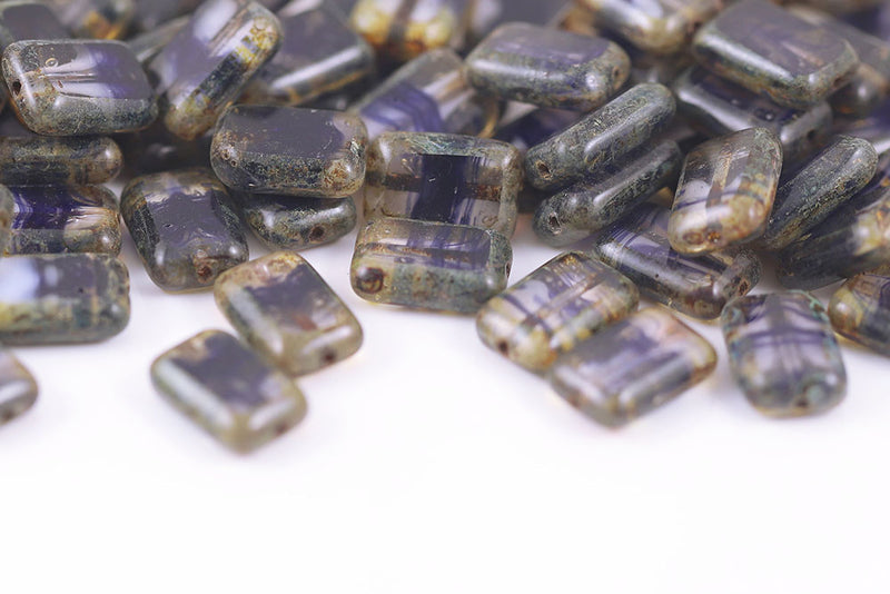 Rectangle 12×8mm 1-Hole Crystal Blue Mixed Travertin Czech Beads