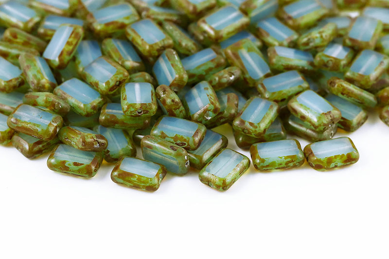 Rectangle 12×8mm Opal Aqua Travertin 1-Hole Czech Glass Beads