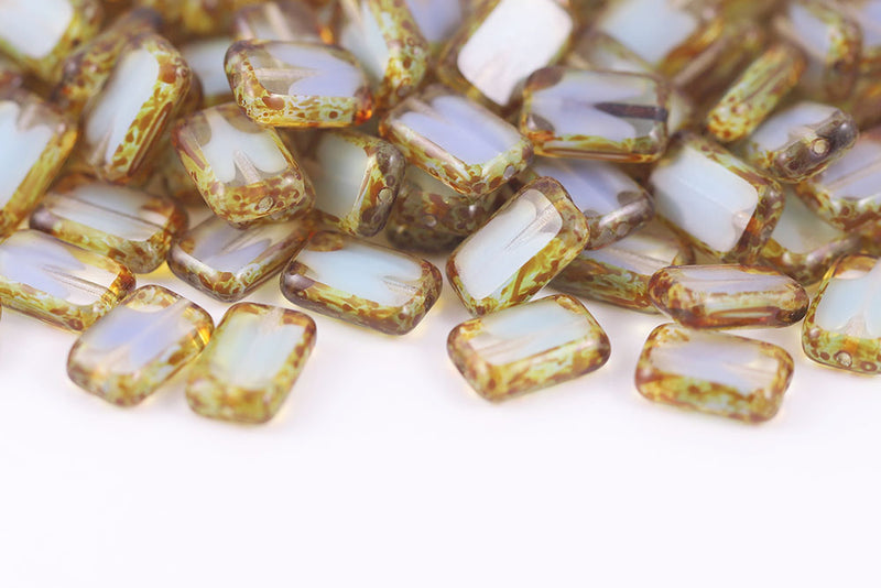 Rectangle 12×8mm Crystal Aqua Mixed Travertin 1-Hole Czech Beads