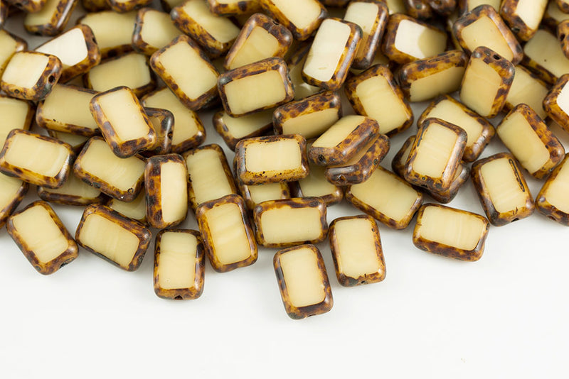 Rectangle 12×8mm Opaque Ivory Travertine 1-Hole Czech Glass Beads