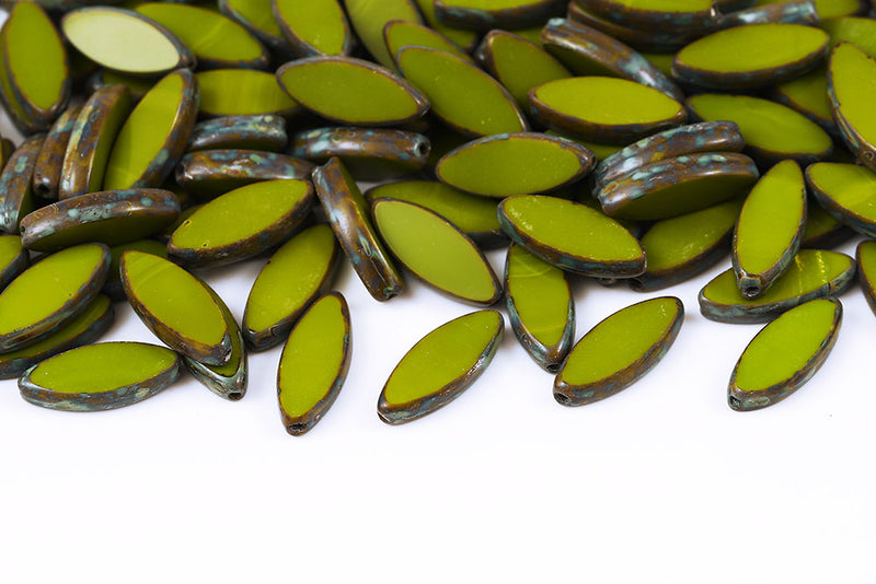 Ship 18×7mm 1-Hole Opaque Olivine Travertine Czech Beads