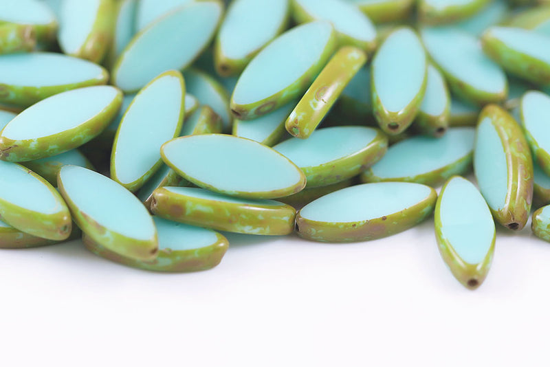 Ship 18×7mm 1-Hole Opaque Turquoise Lt.Green Travertine Czech Beads