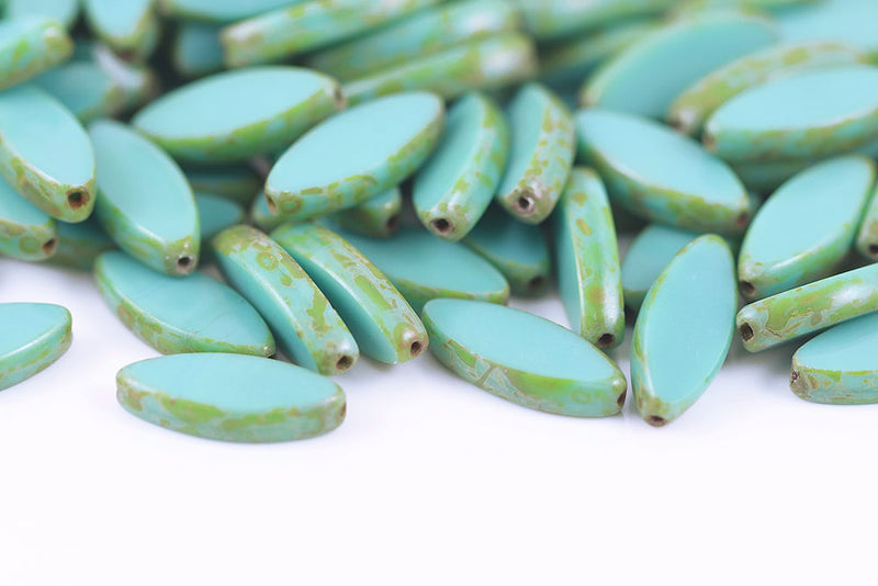 Ship 18×7mm 1-Hole Opaque Turquoise Green Travertine Czech Beads