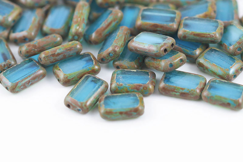 Rectangle 12×8mm Opal White Aqua Mixed Travertin 1-Hole Czech Beads