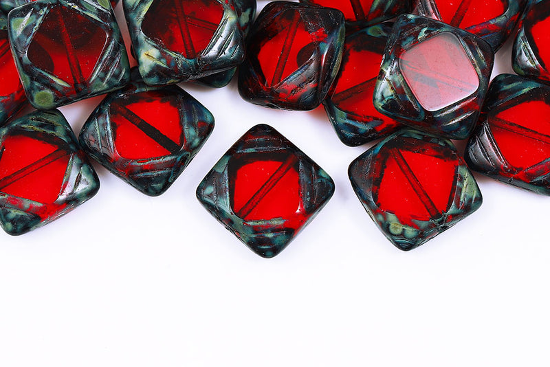 Window Designed 15×15mm Siam Travertine 1-Hole Czech Beads