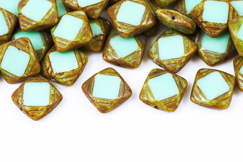 Window Designed 15×15mm Opaque Lt.Green Travertine 1-Hole Czech Beads