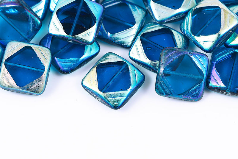Window Designed 15×15mm Indicolite AB Full 1-Hole Czech Beads