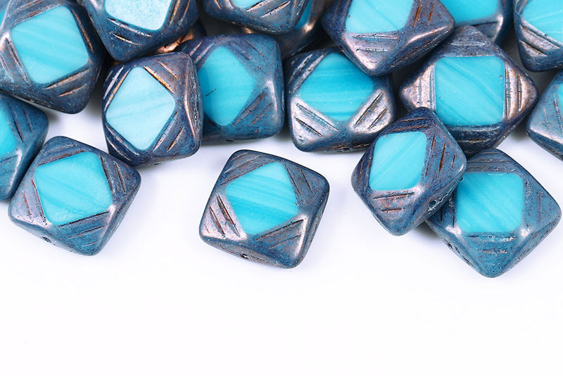 Window Designed 15×15mm Silk Aqua Violet Luster 1-Hole Czech Beads