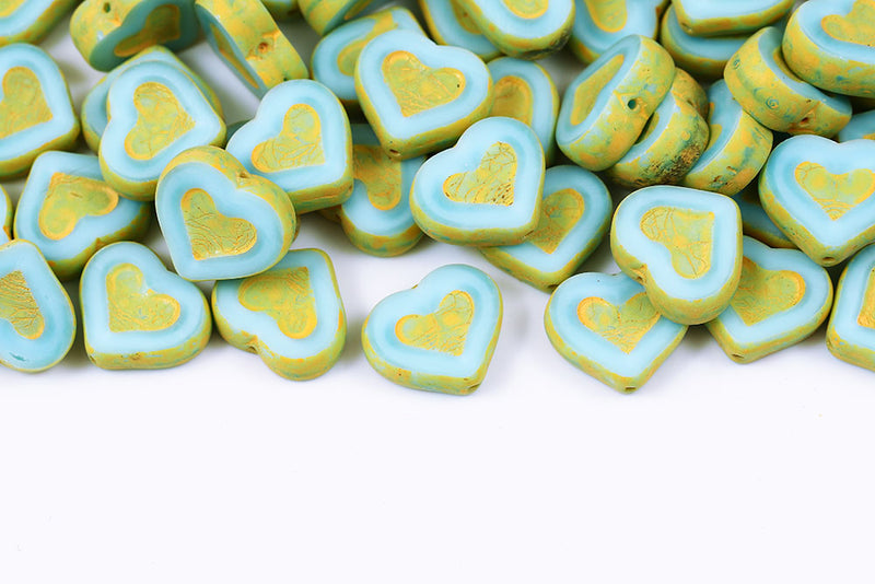 Heart 14×12mm Opal Aqua Matt Yellow Finish 1-Hole Czech Beads